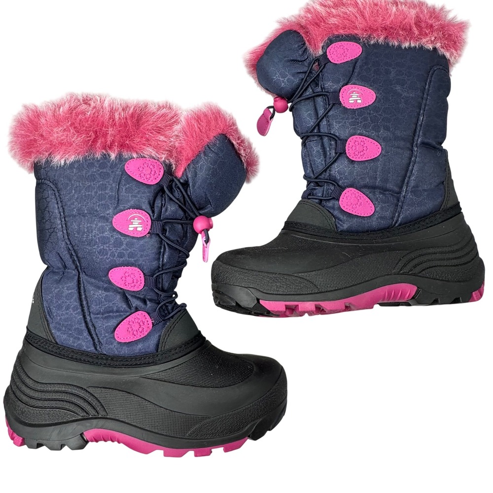 Kamik Snow Boots Kids Size 3 Navy Pink Faux Fur Winter Waterproof